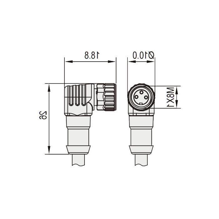 M8 3-PIN, female 90°, LED light, IP 69K-ECOLAB、食品级、单端预铸PUR柔性电缆、黑色护套、63E001-XXX